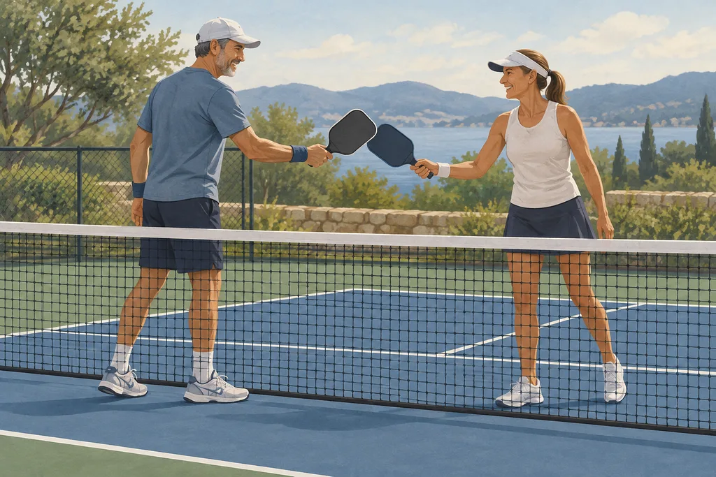Deux partenaires de pickleball qui se parlent près du filet en se tapant dans la main.