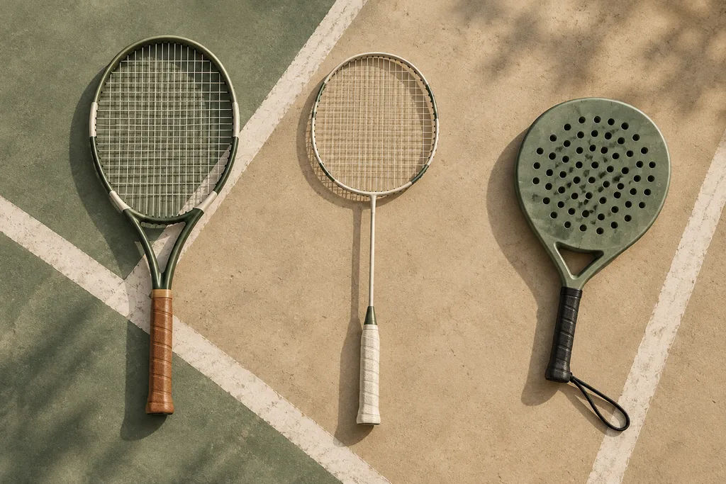 Trois raquettes différentes, de tennis, de padel et de pickleball, posées côte à côte sur un sol de court.
