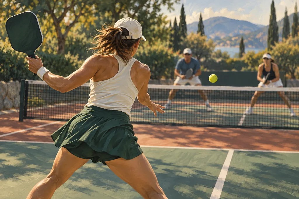 Joueur de pickleball au fond du court hésitant entre un amorti et une frappe appuyée.